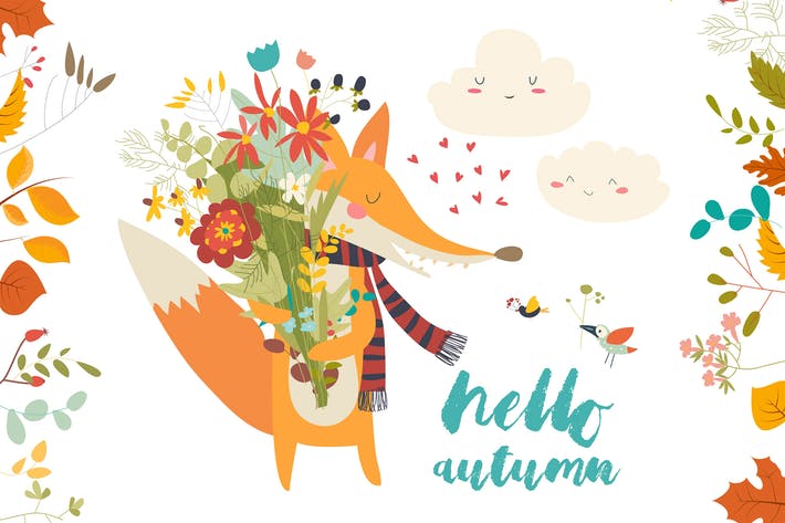 Lovely autumn card with a fox and flowers. Vector