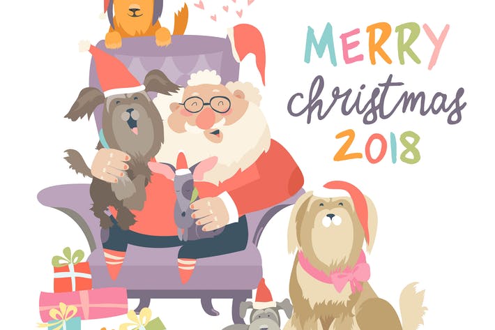 Santa Claus sitting in armchair with dogs. Vector