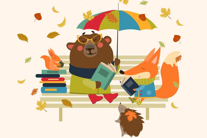 Fox,bear, hedgehog and little squirrel reading