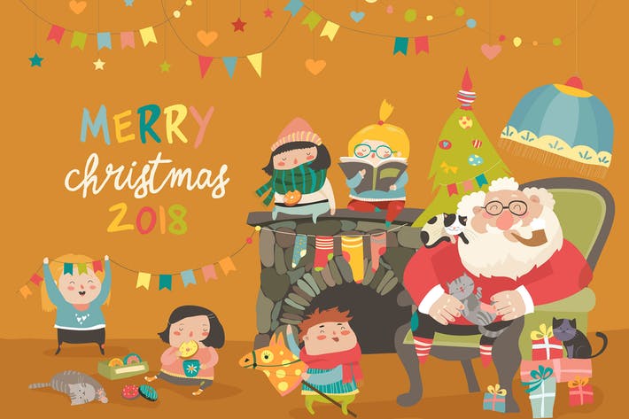Cartoon Santa with kids and gifts. Vector greeting