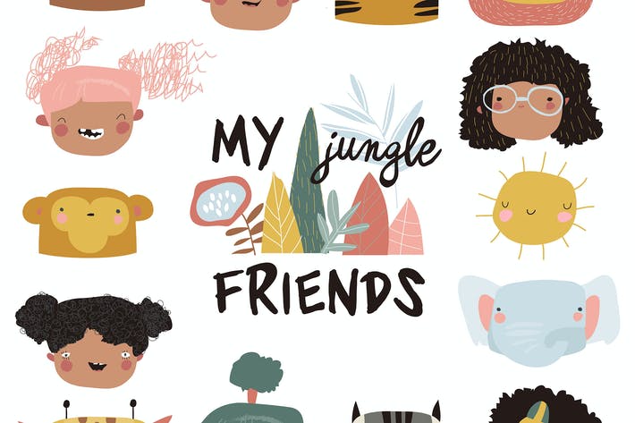 Vector cute kids faces and jungle animals