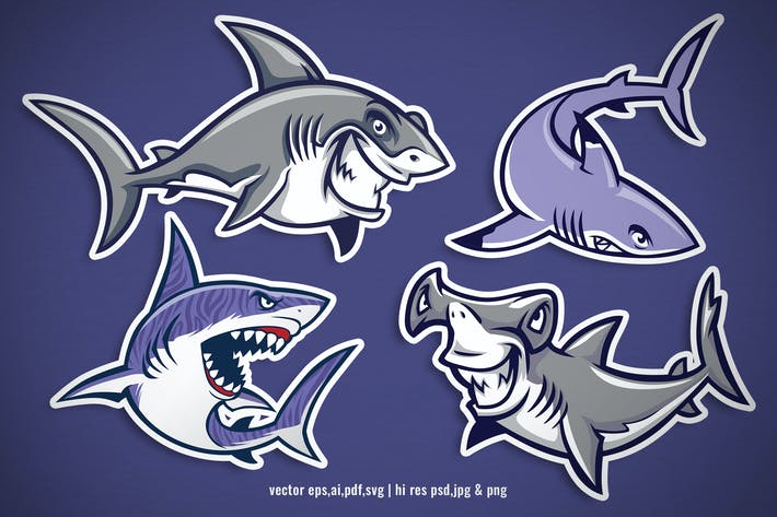 set cartoon of vector shark character