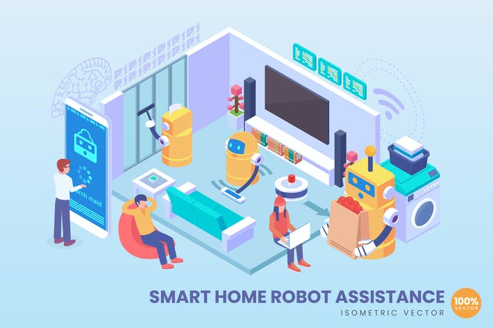 Isometric Smart Home Robot Assistance Concept