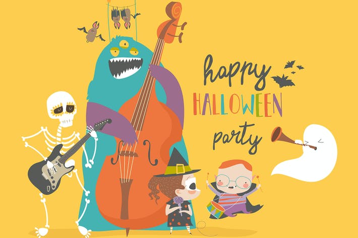 Crazy music party with band of cartoon Halloween c