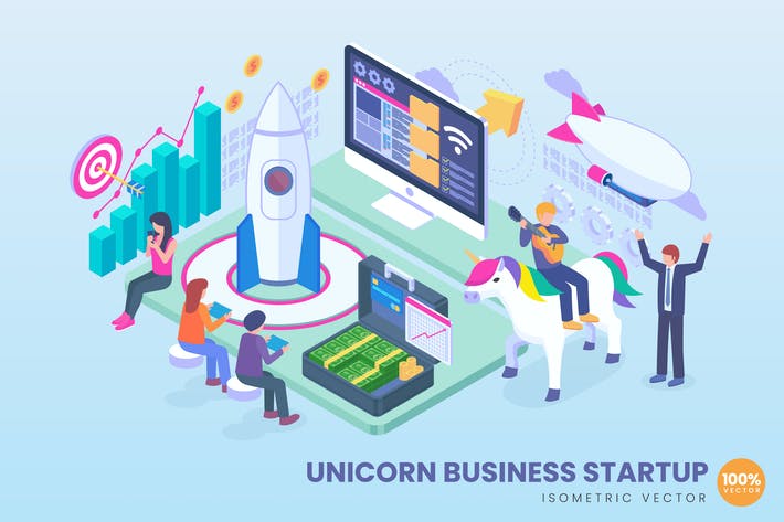 Isometric Unicorn Business Startup Concept