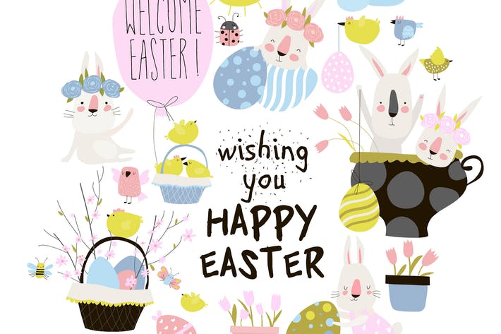 Vector set of cute cartoon bunny with Easter eggs