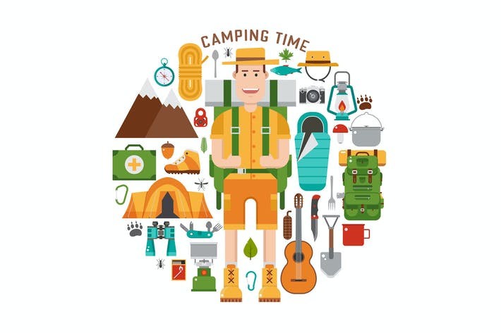 Camping Time Circle Print with Hiking Icons