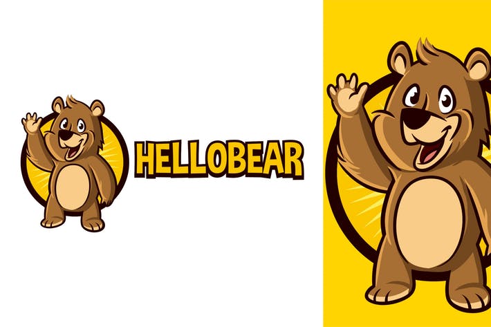 Cartoon Waving Bear Character Mascot Logo