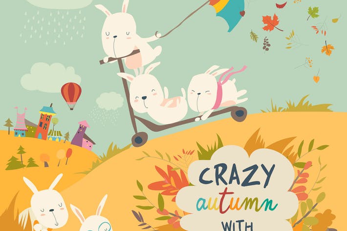 Cute crazy rabbits playing in autumn fall season.
