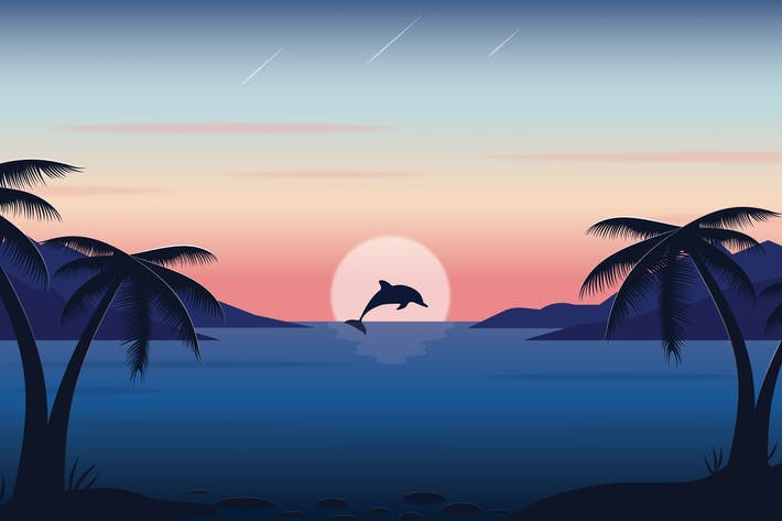 Dolphin Sunset - Landscape Illustration