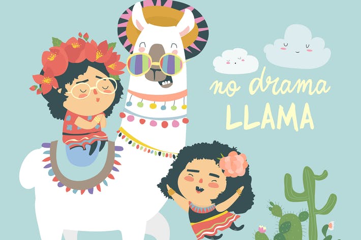 Funny llama alpaka with cute mexican girls. No Dra