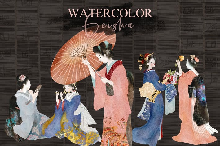 Watercolor Geisha - japanese illustrations set