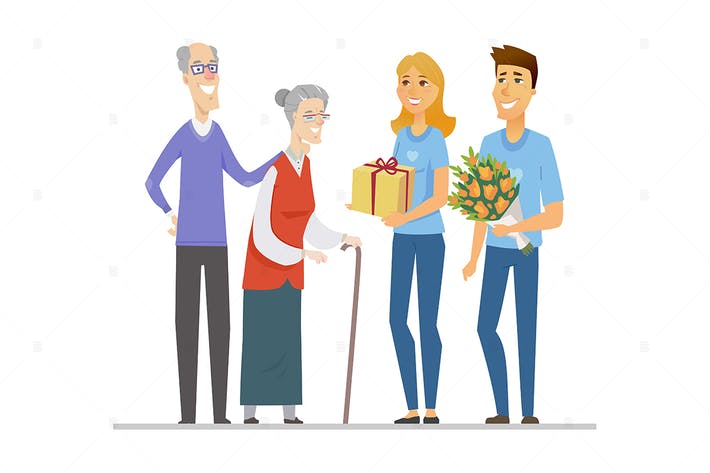 Volunteers and senior people - flat illustration