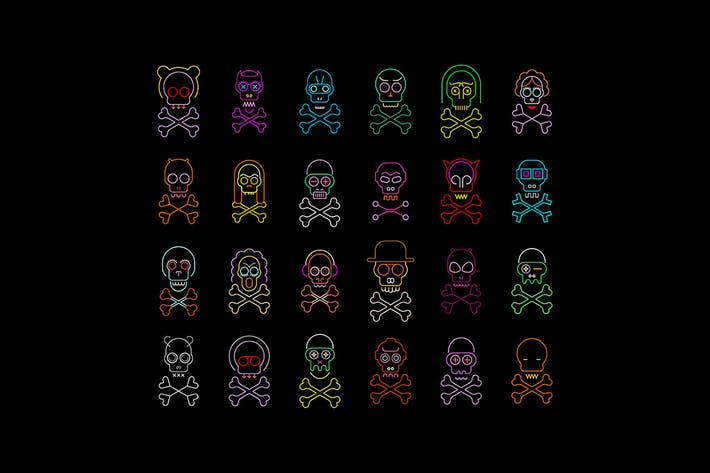 Skull and Crossbones Set of Neon Vector Icons