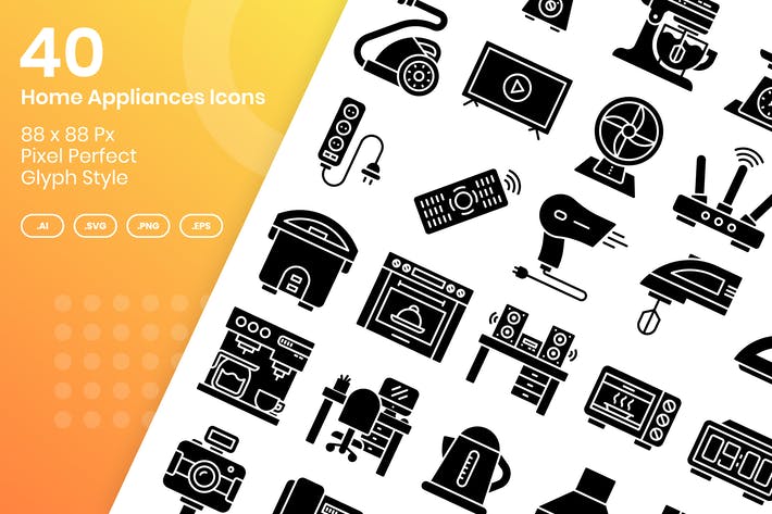 40 Home Appliances Icons Set - Glyph