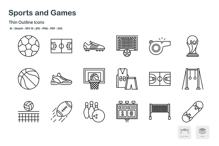 Sports and game thin outline icons