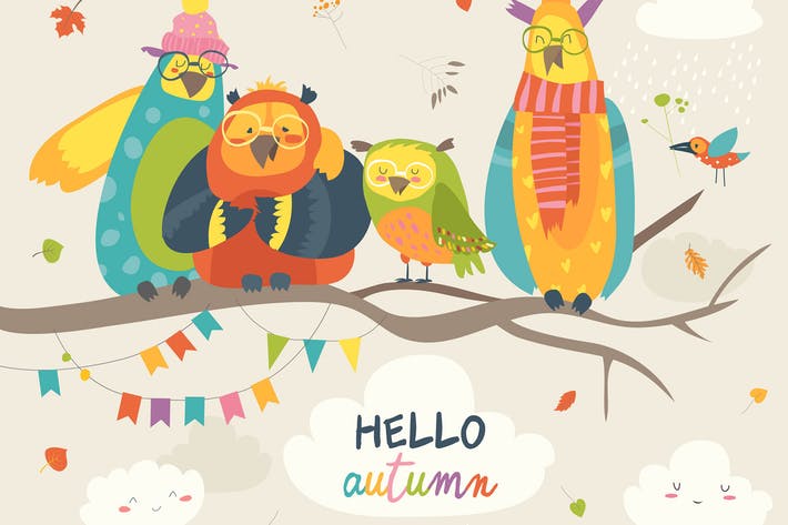 Funny owls on the autumn tree. Vector illustration