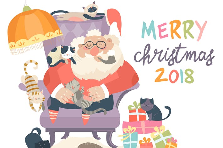 Santa Claus sitting in armchair with cats. Vector