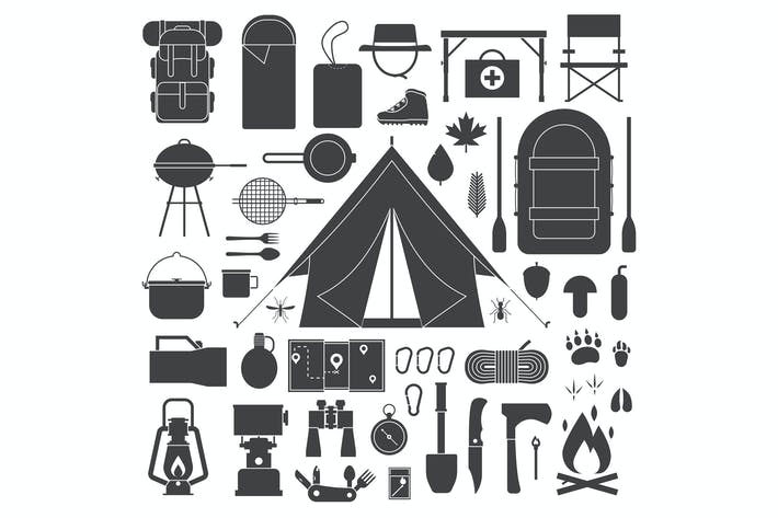 Hiking and Camping Outline Elements Set