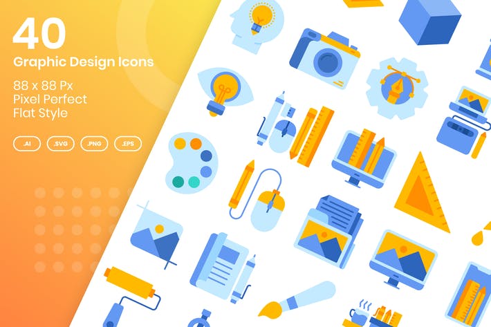 40 Graphic Design Icons Set - Flat