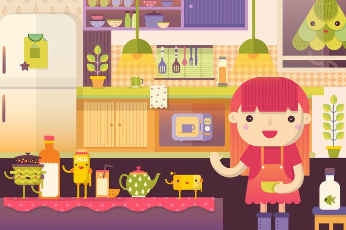 Kitchen Scene With Cute Food Characters