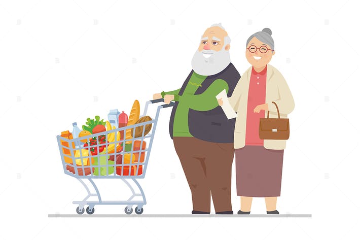 Senior man and woman shopping - flat illustration
