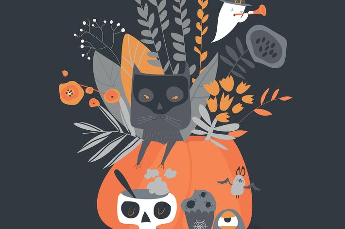 Vector Halloween illustration with pumpkin and cat
