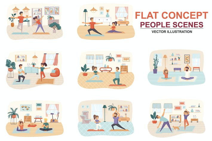 Collection Yoga at Home Flat Concept People Scenes