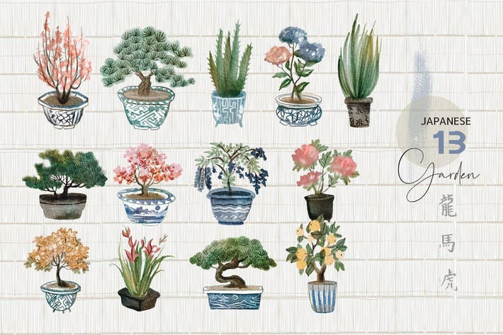 Watercolor japanese plants - illustrations set