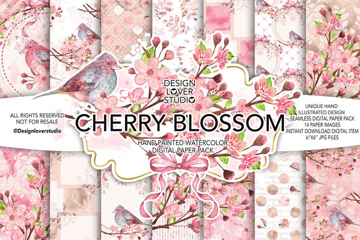 Watercolor CHERRY BLOSSOM digital paper pack