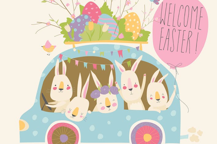 Cute cartoon bunnies driving a car with easter egg