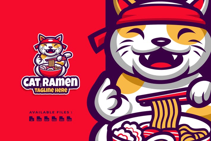 Cat Ramen Cartoon Logo