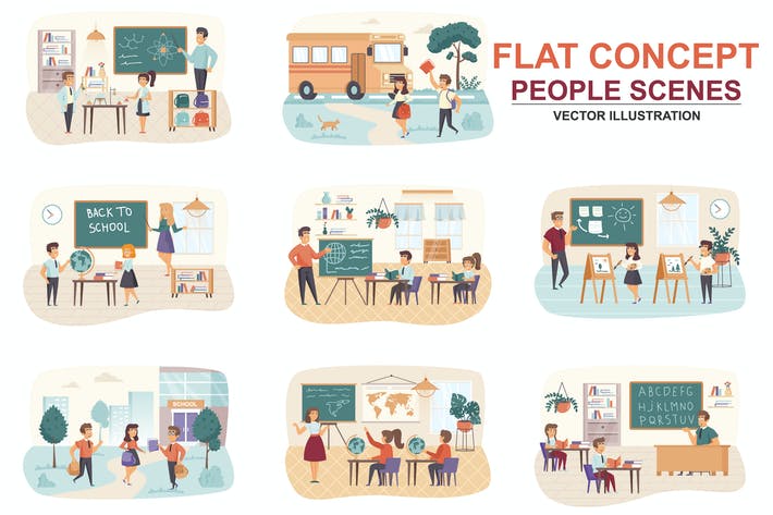 Collection Back to School Flat Concept Scenes