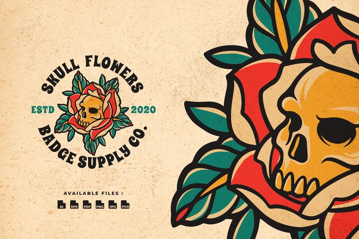 Skull Flowers Badge Logo