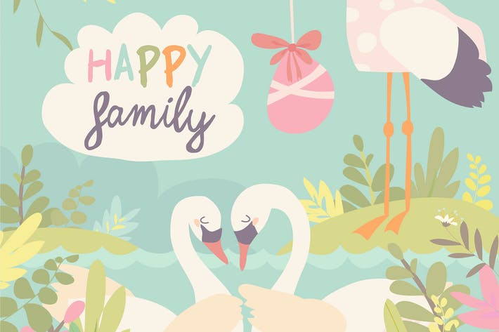 Cartoon swans in love and stork with baby. Vector
