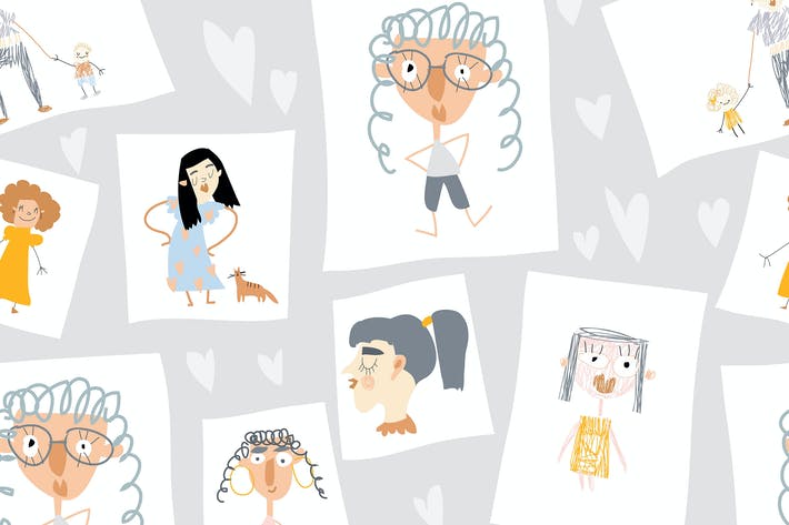 Vector seamless pattern of hand drawn portraits of