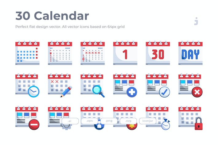 30 Calendar Icons - Flat